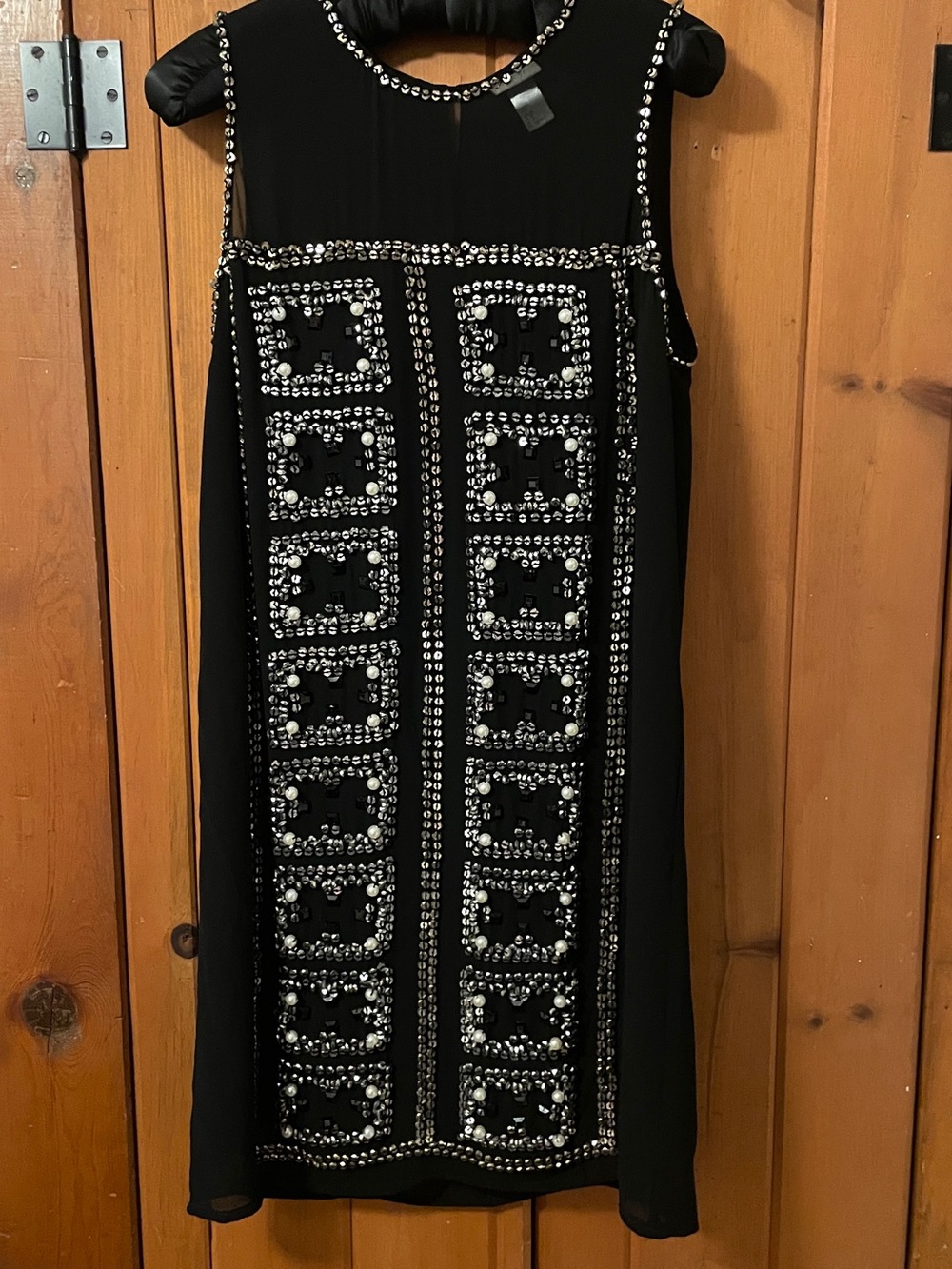 Vintage Y2K H&M Black Art Deco Beaded Pearl Chiffon Flapper Shift Dress 8